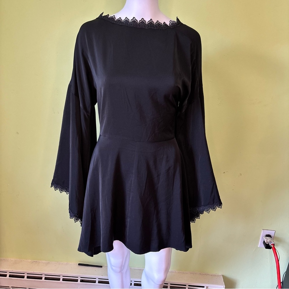 Elegant Black Lace-Trim Bell Sleeve Dress